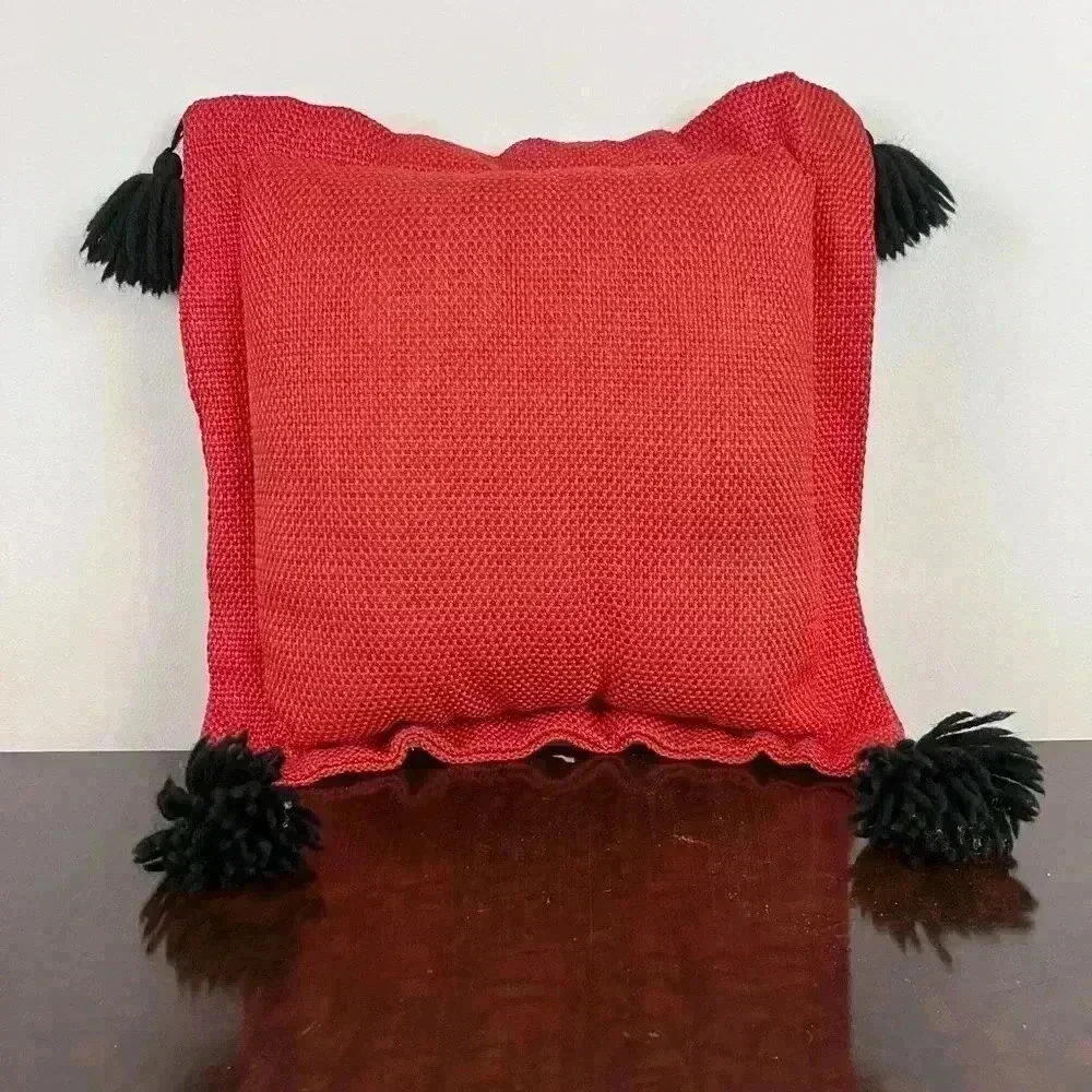 VTG Burlap Throw Pillows (2) Tassels Handmade Red And Pink Grannycore Maximalist